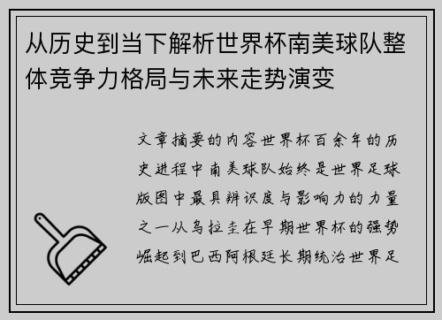 从历史到当下解析世界杯南美球队整体竞争力格局与未来走势演变